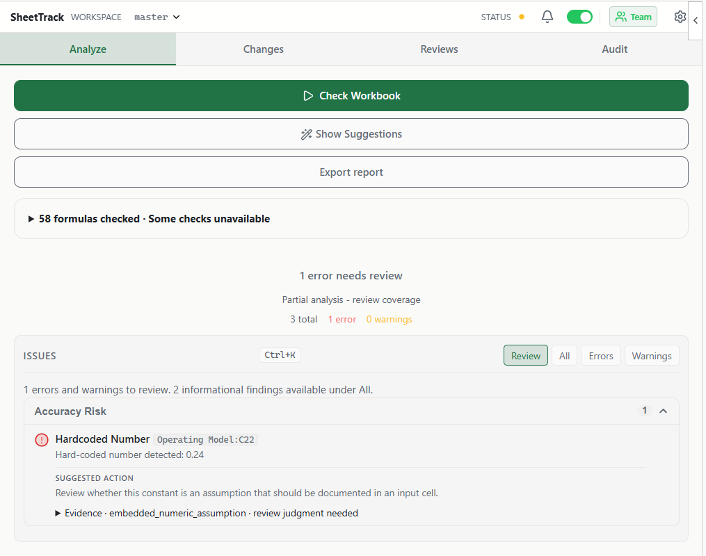 SheetTrack Analyze view with a hardcoded number finding linked to cell C22 and a partial coverage notice.