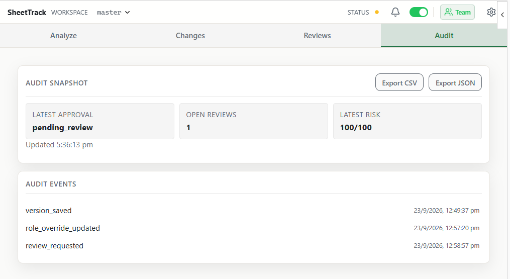SheetTrack Audit view showing a pending review, one open review, and recorded events.