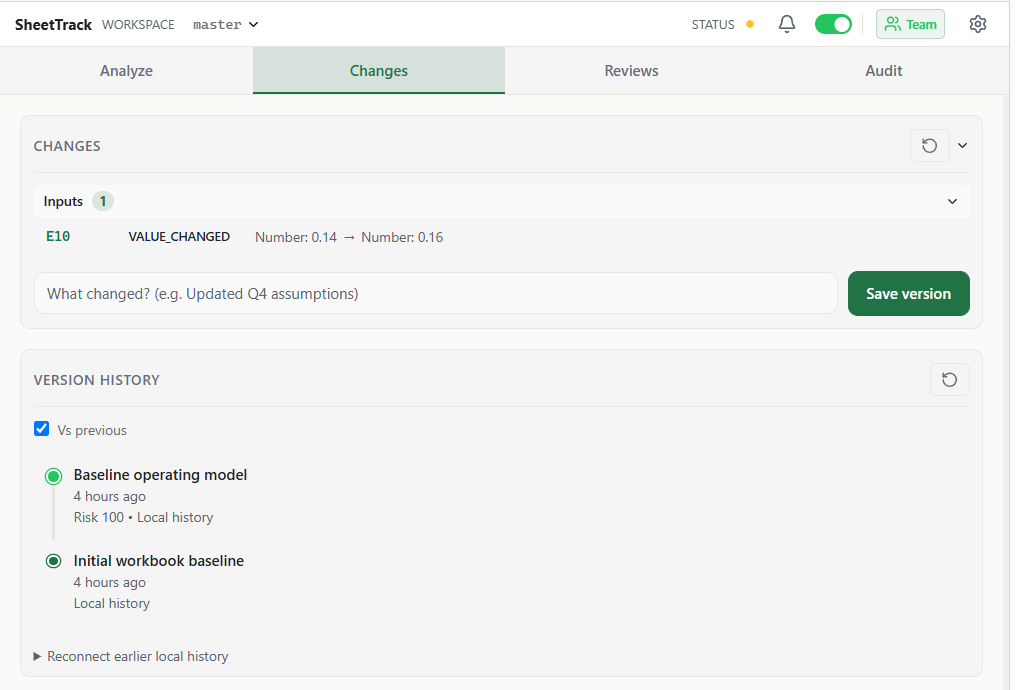 SheetTrack Changes view showing a growth input changed from 14% to 16% and the local version history.