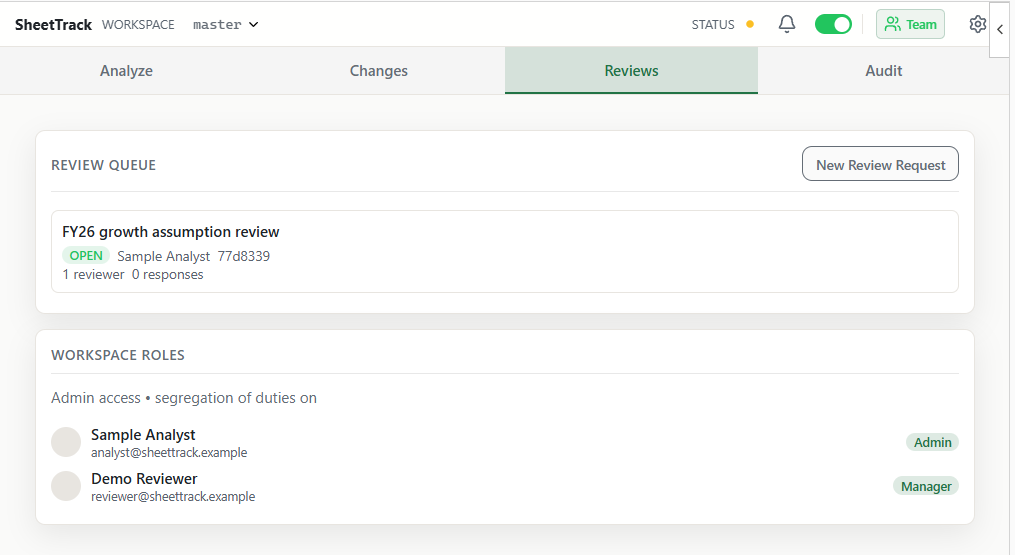 SheetTrack Reviews view showing an open sample review request and workspace roles.